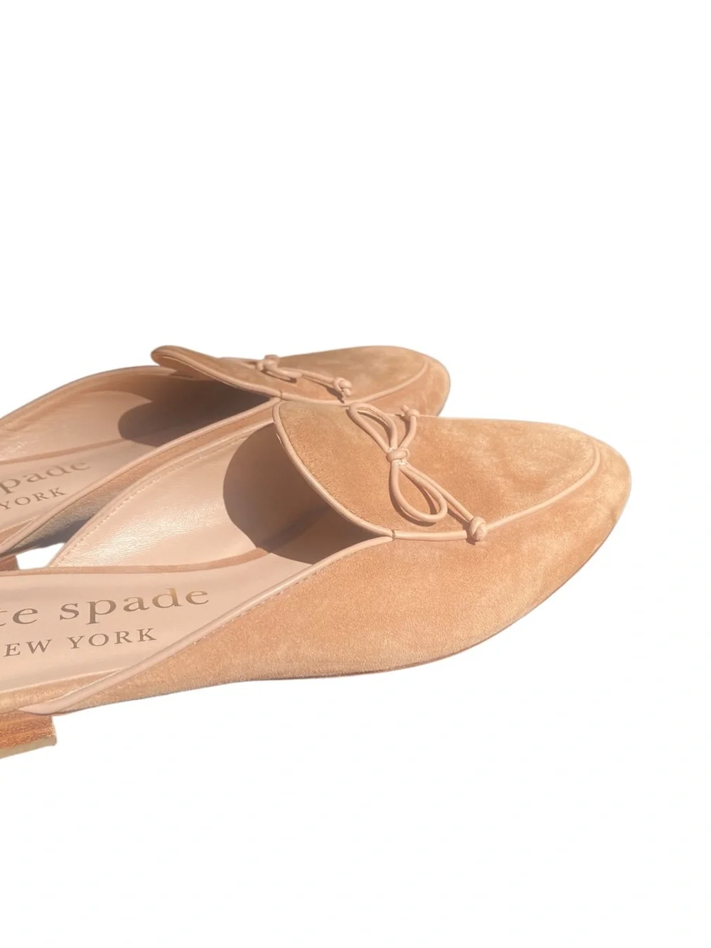 Kate Spade Devi Suede Bow Mules Size 9.5 Tan Beige Slip On Flats